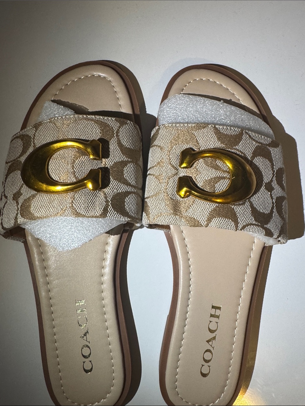 Coach Beige Monogram Slide Sandals with Gold C Hardware - Picture 5 of 5